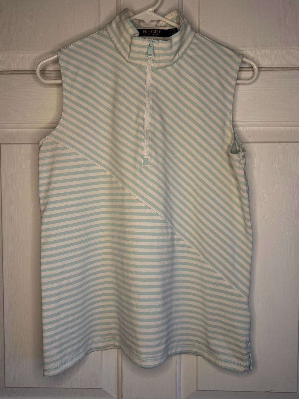 Polo Golf by Ralph Lauren Light Blue and White Striped Sleeveless Zip Mock Neck